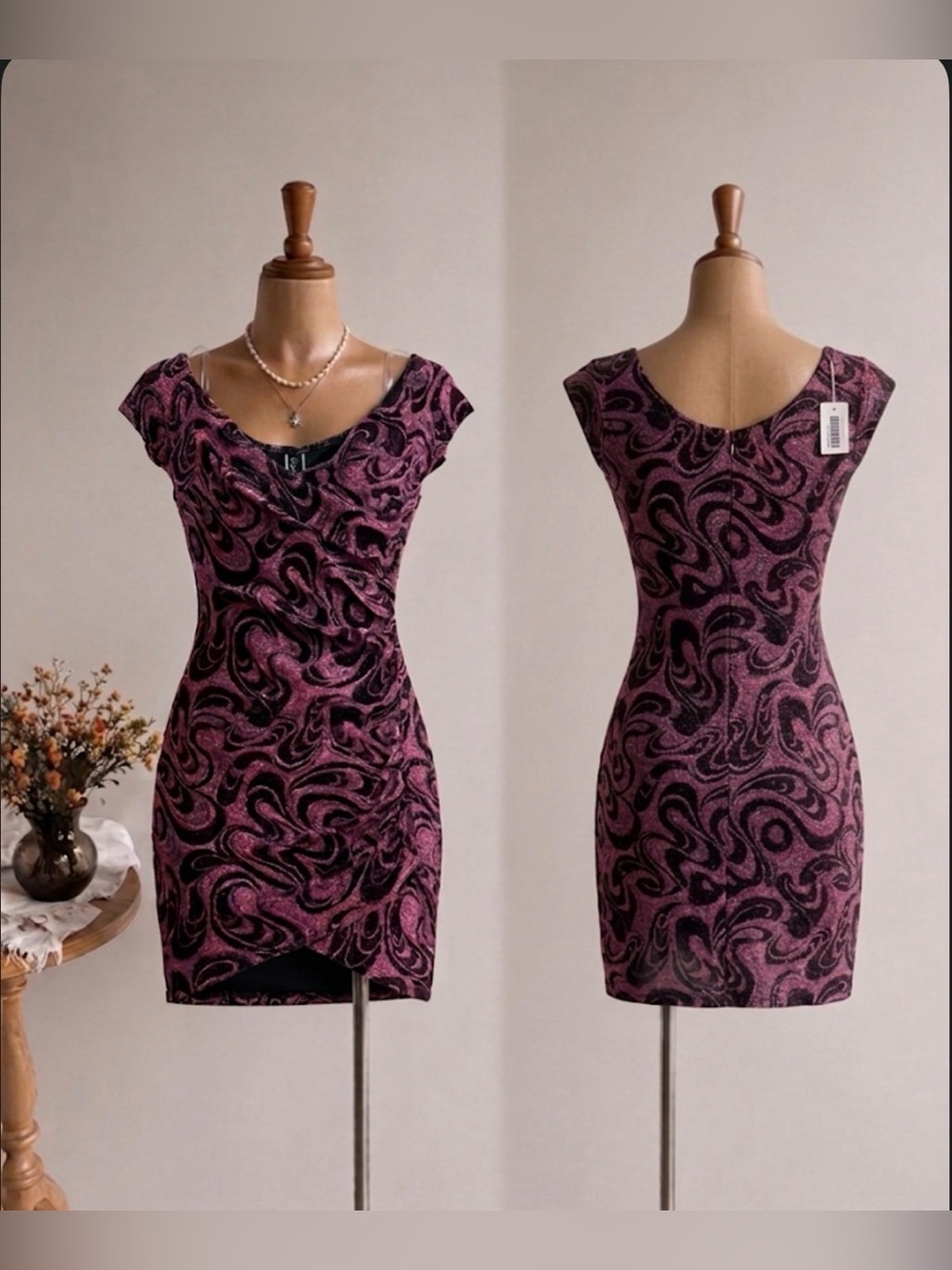 Cap-Sleeve Purple Patterned Bodycon Mini Dress